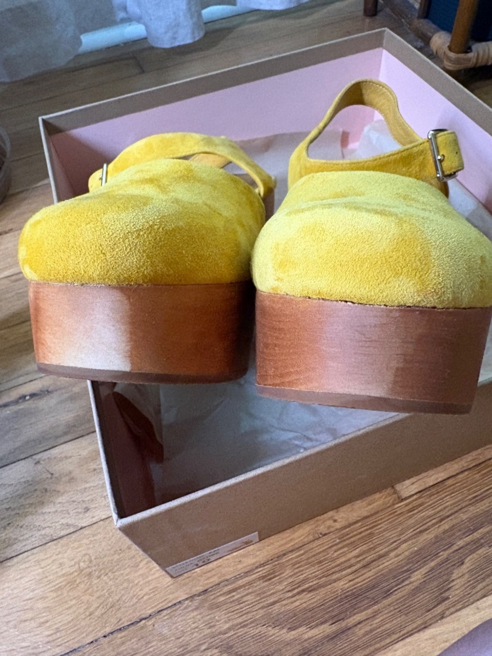 Charlotte Stone Sal Wooden Block Platform Heels in Ochre Yellow Women's US 10 - Picture 10 of 14